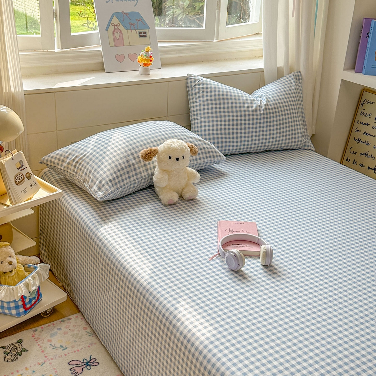 91家纺网 家纺一手货源 找家纺 冕悠家纺 2025新款A类加厚水洗棉格子点点印花超柔单品床单枕套 蓝格