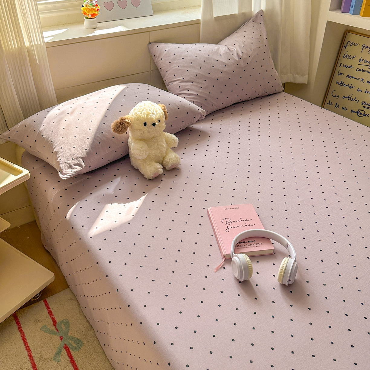 91家纺网 家纺一手货源 找家纺 冕悠家纺 2025新款A类加厚水洗棉格子点点印花超柔单品床单枕套 紫点