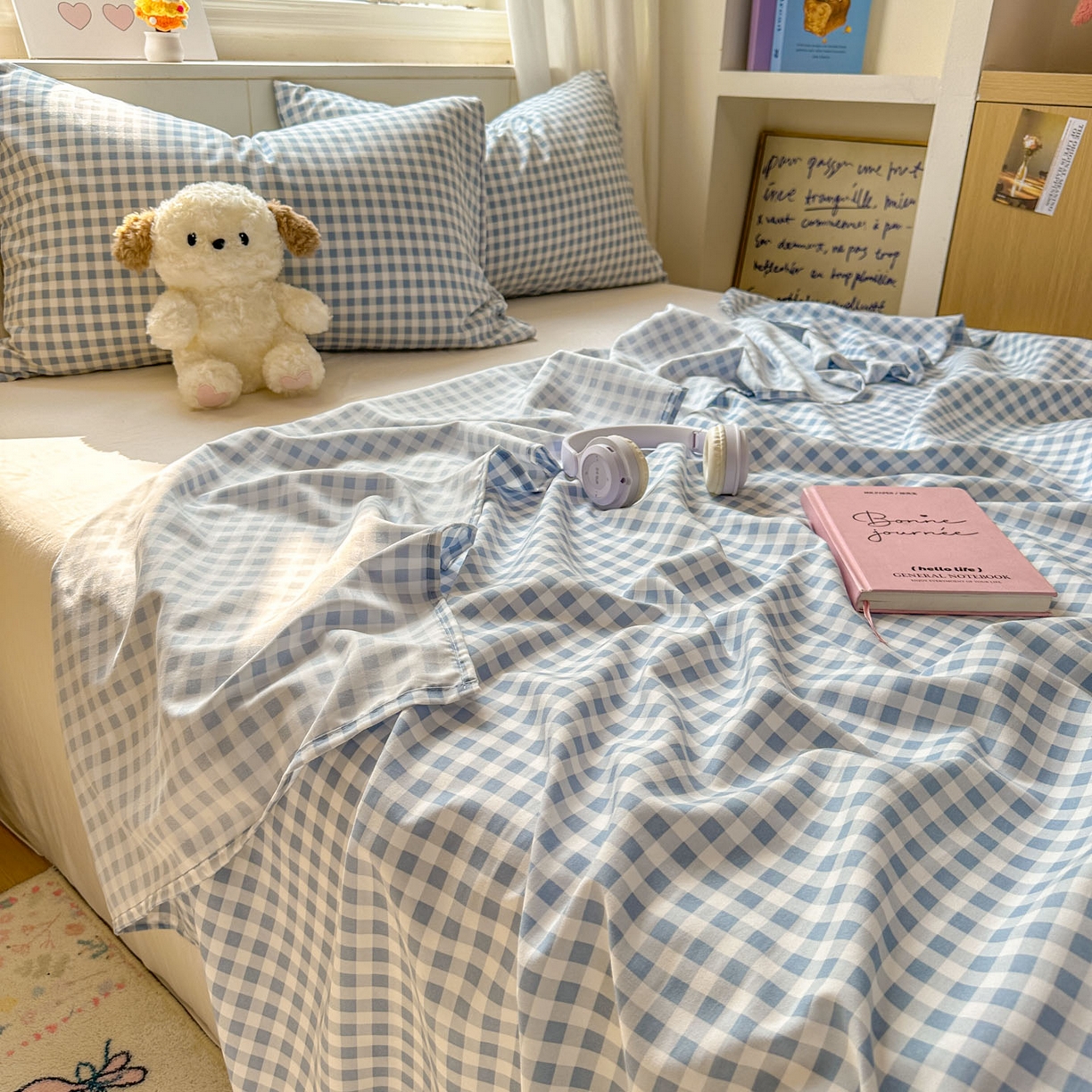 91家纺网 家纺一手货源 找家纺 冕悠家纺 2025新款A类加厚水洗棉格子点点印花超柔单品床单枕套 蓝格