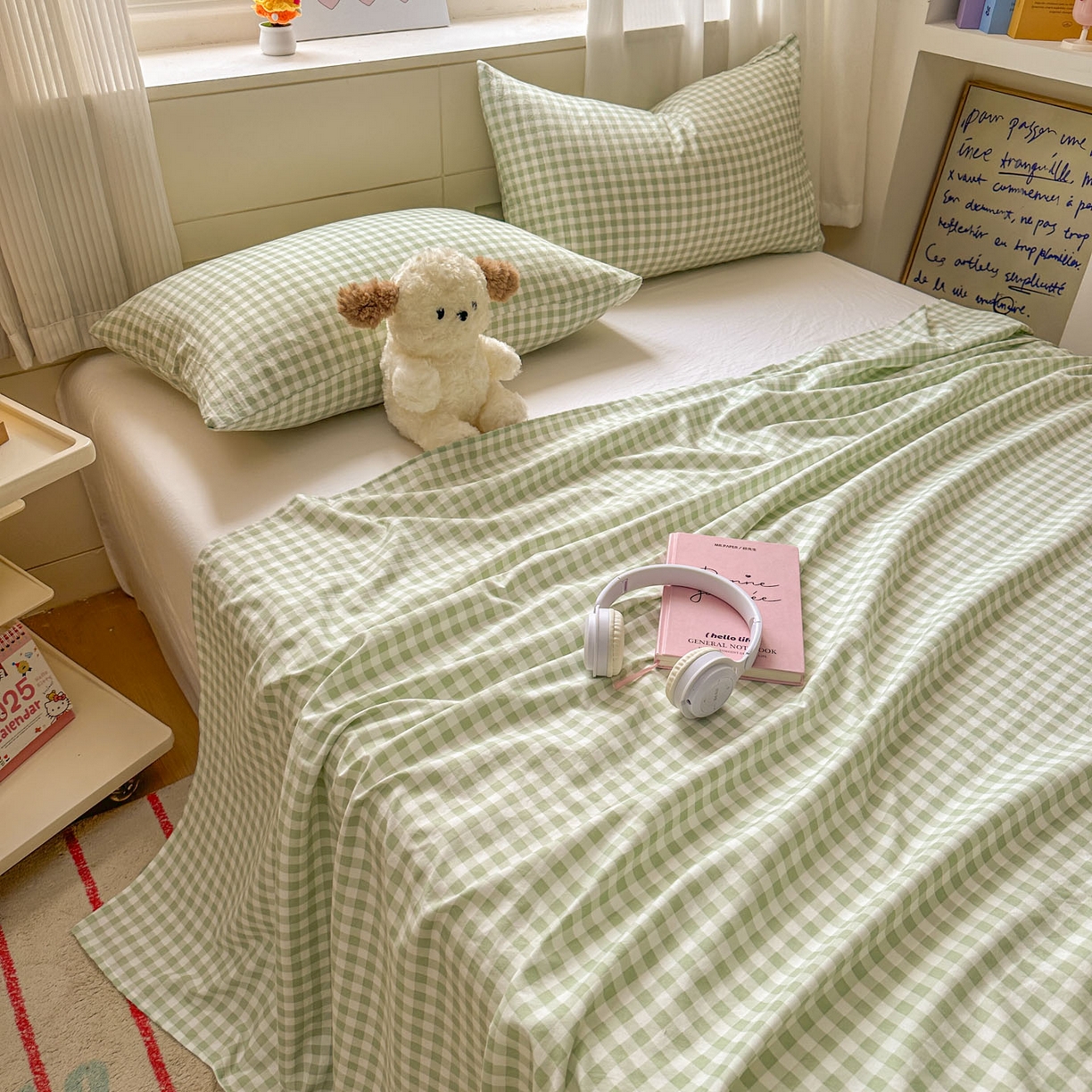 91家纺网 家纺一手货源 找家纺 冕悠家纺 2025新款A类加厚水洗棉格子点点印花超柔单品床单枕套 绿格