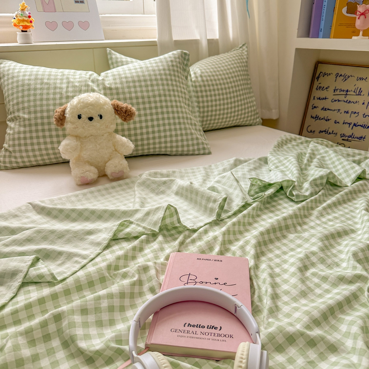 91家纺网 家纺一手货源 找家纺 冕悠家纺 2025新款A类加厚水洗棉格子点点印花超柔单品床单枕套 绿格