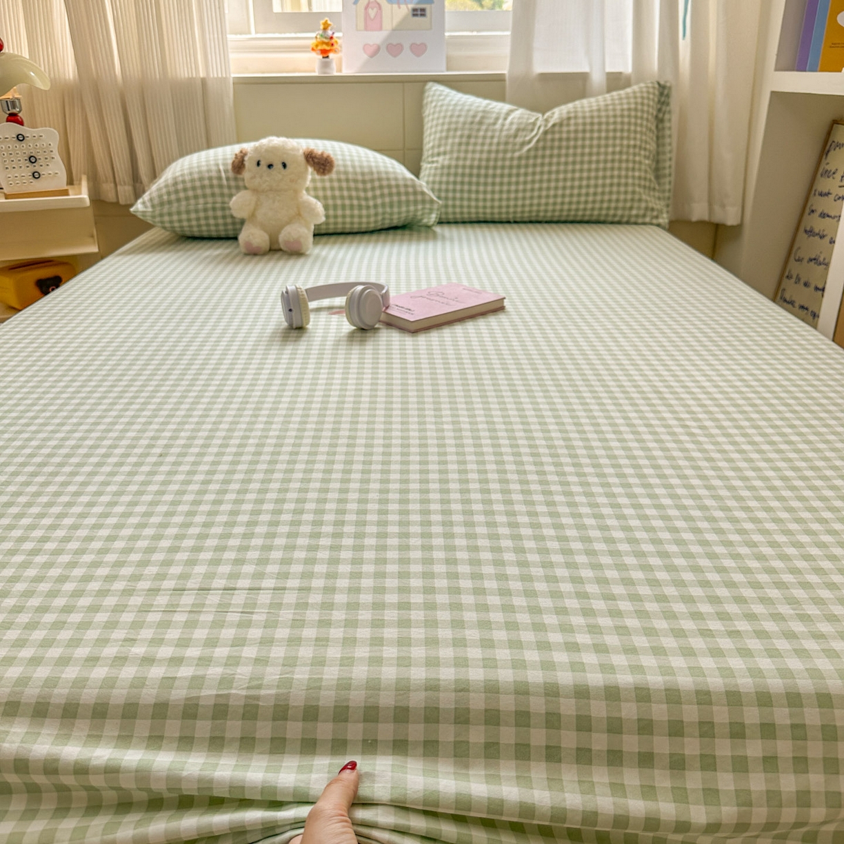 91家纺网 家纺一手货源 找家纺 冕悠家纺 2025新款A类加厚水洗棉格子点点印花超柔单品床单枕套 绿格