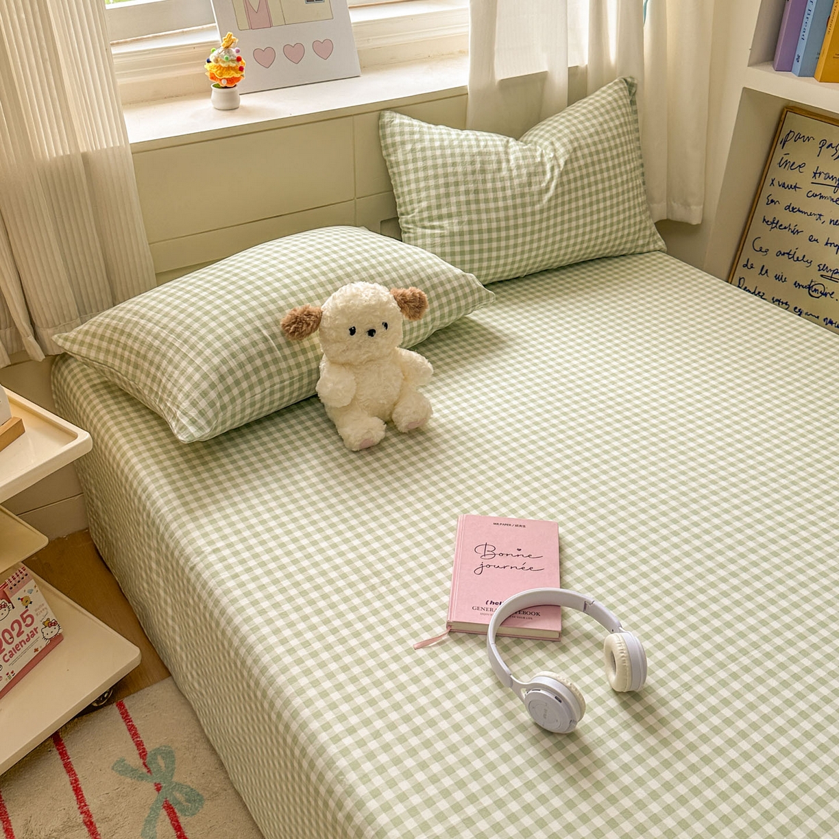 91家纺网 家纺一手货源 找家纺 冕悠家纺 2025新款A类加厚水洗棉格子点点印花超柔单品床单枕套 绿格