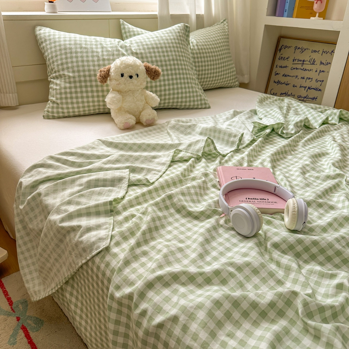 91家纺网 家纺一手货源 找家纺 冕悠家纺 2025新款A类加厚水洗棉格子点点印花超柔单品床单枕套 绿格