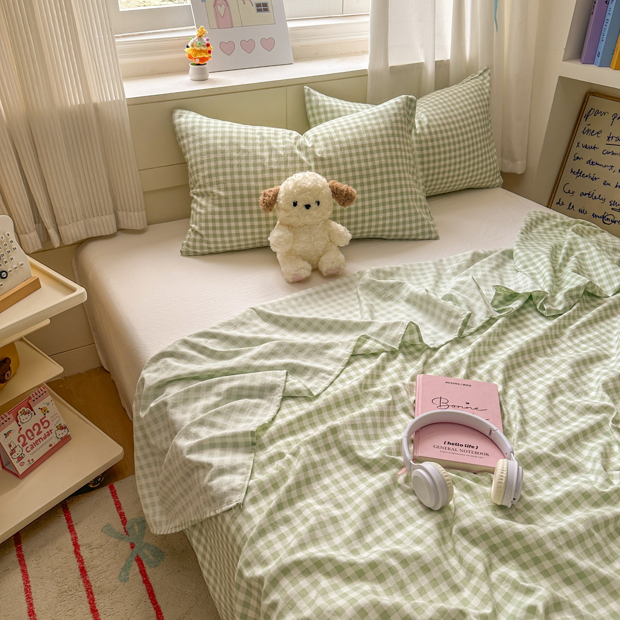 91家纺网 家纺一手货源 找家纺 冕悠家纺 2025新款A类加厚水洗棉格子点点印花超柔单品床单枕套 绿格