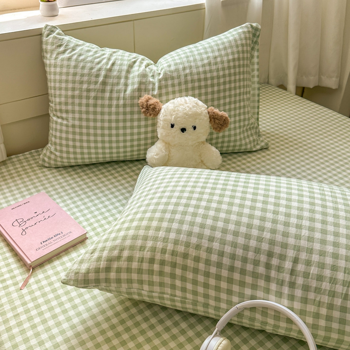 91家纺网 家纺一手货源 找家纺 冕悠家纺 2025新款A类加厚水洗棉格子点点印花超柔单品床单枕套 绿格