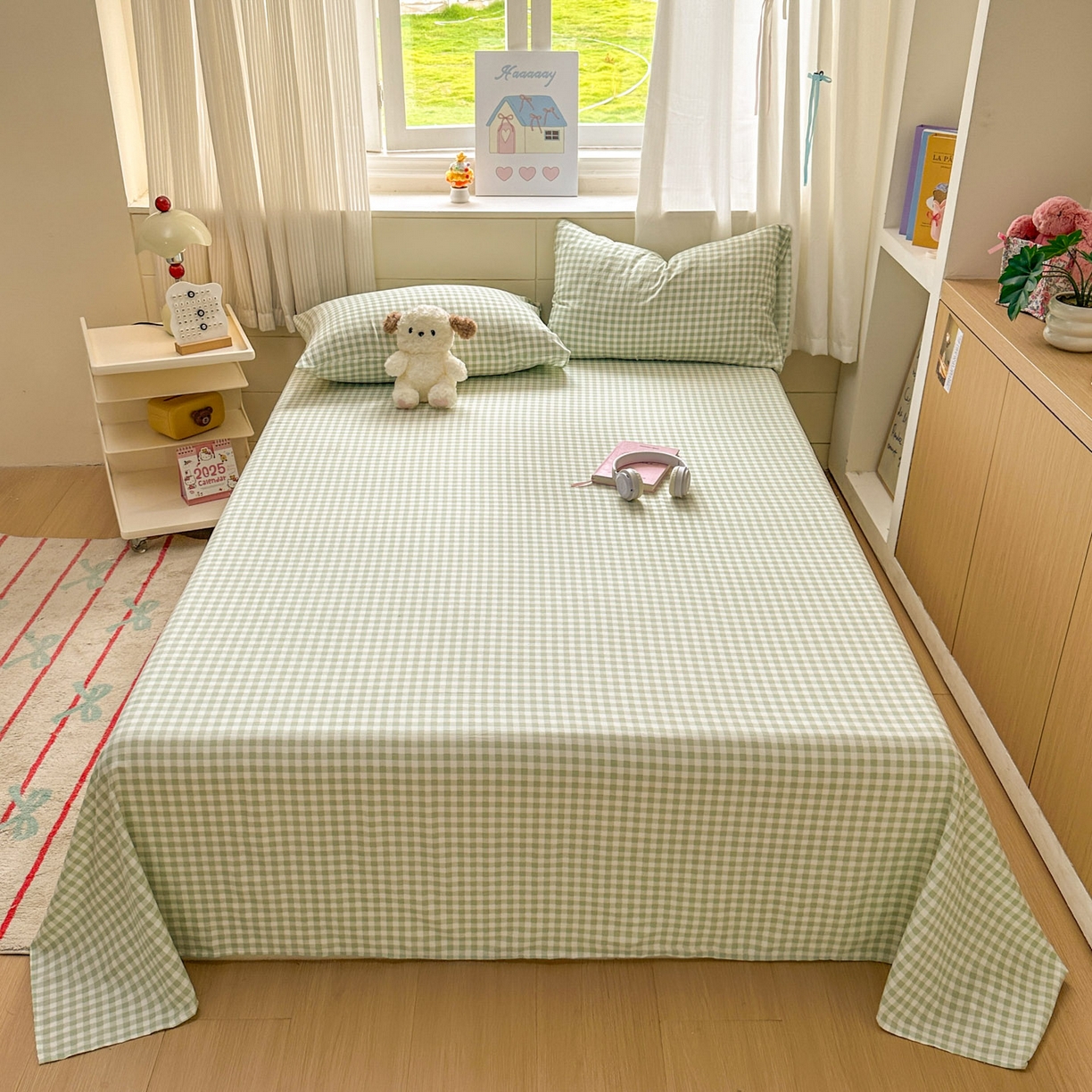 91家纺网 家纺一手货源 找家纺 冕悠家纺 2025新款A类加厚水洗棉格子点点印花超柔单品床单枕套 绿格