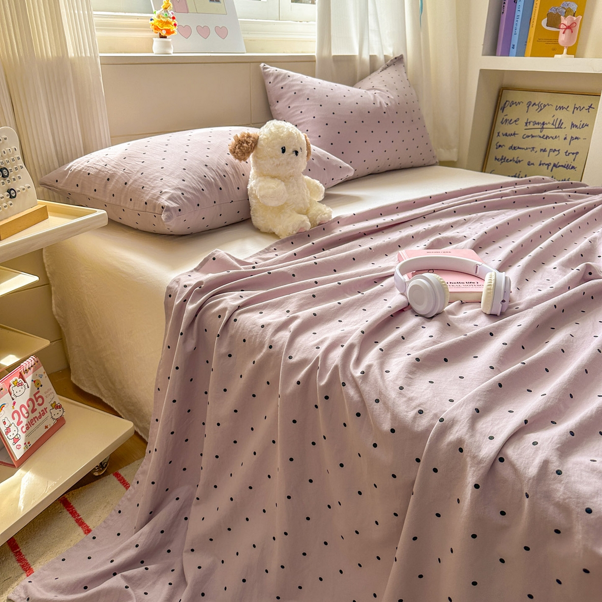 91家纺网 家纺一手货源 找家纺 冕悠家纺 2025新款A类加厚水洗棉格子点点印花超柔单品床单枕套 紫点