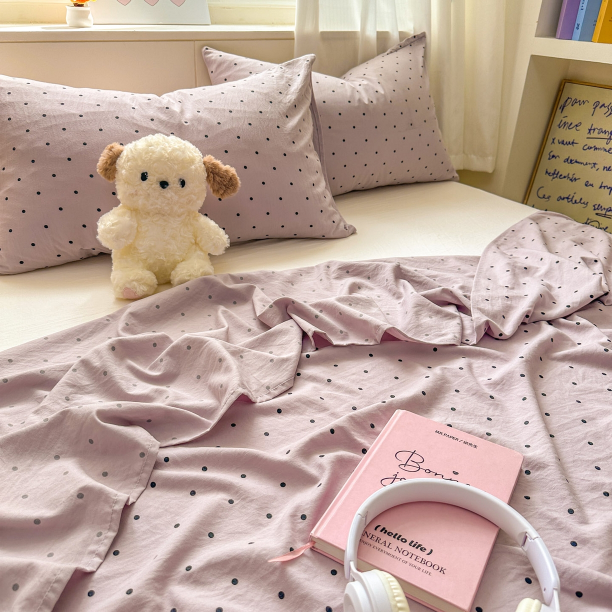 91家纺网 家纺一手货源 找家纺 冕悠家纺 2025新款A类加厚水洗棉格子点点印花超柔单品床单枕套 紫点