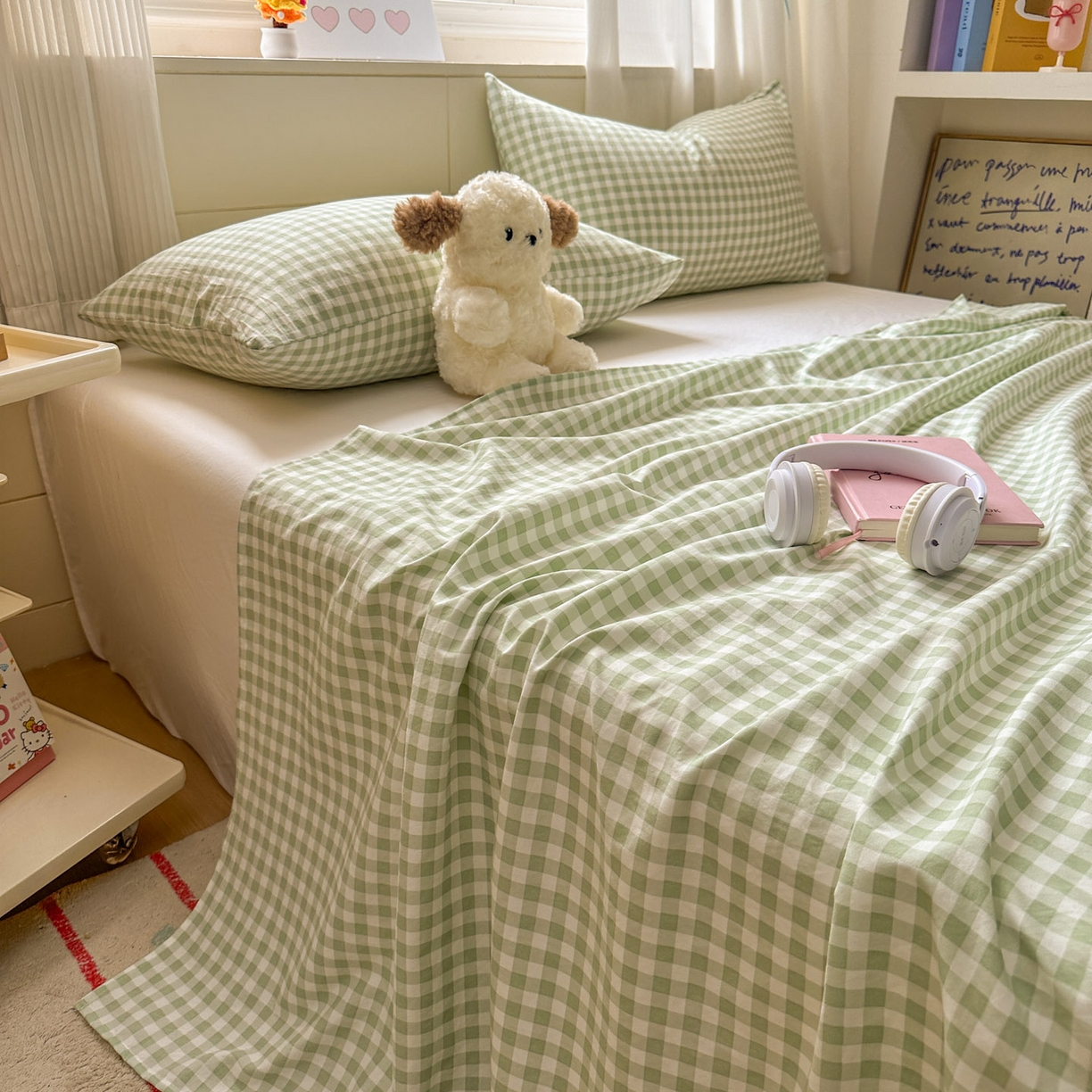 91家纺网 家纺一手货源 找家纺 冕悠家纺 2025新款A类加厚水洗棉格子点点印花超柔单品床单枕套 绿格