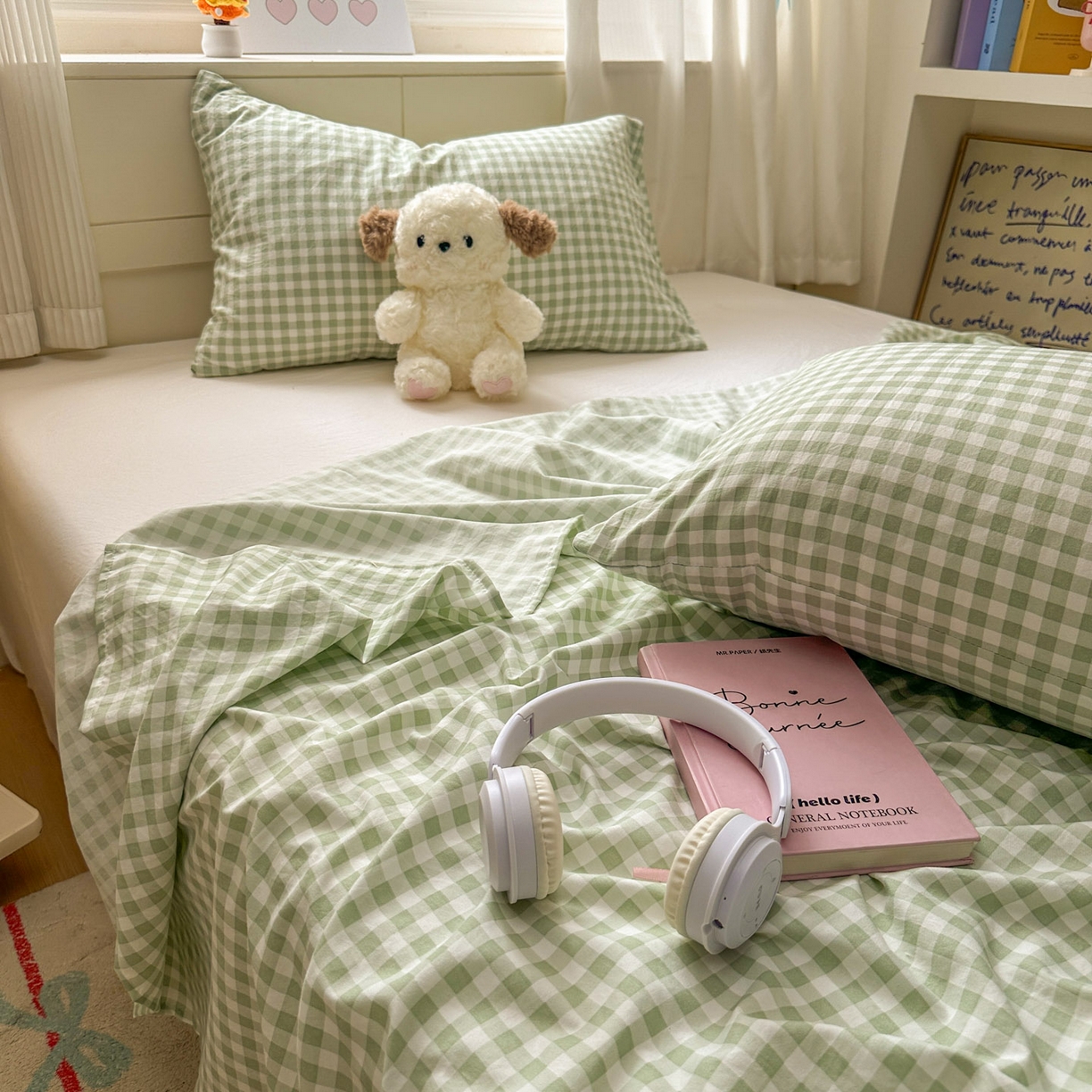 91家纺网 家纺一手货源 找家纺 冕悠家纺 2025新款A类加厚水洗棉格子点点印花超柔单品床单枕套 绿格