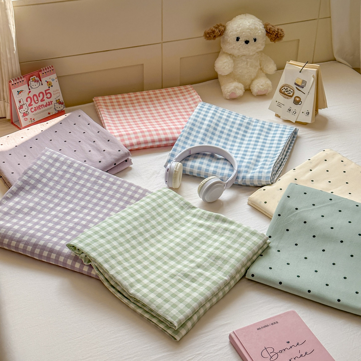 91家纺网 家纺一手货源 找家纺 冕悠家纺 2025新款A类加厚水洗棉格子点点印花超柔单品床单枕套 组合图