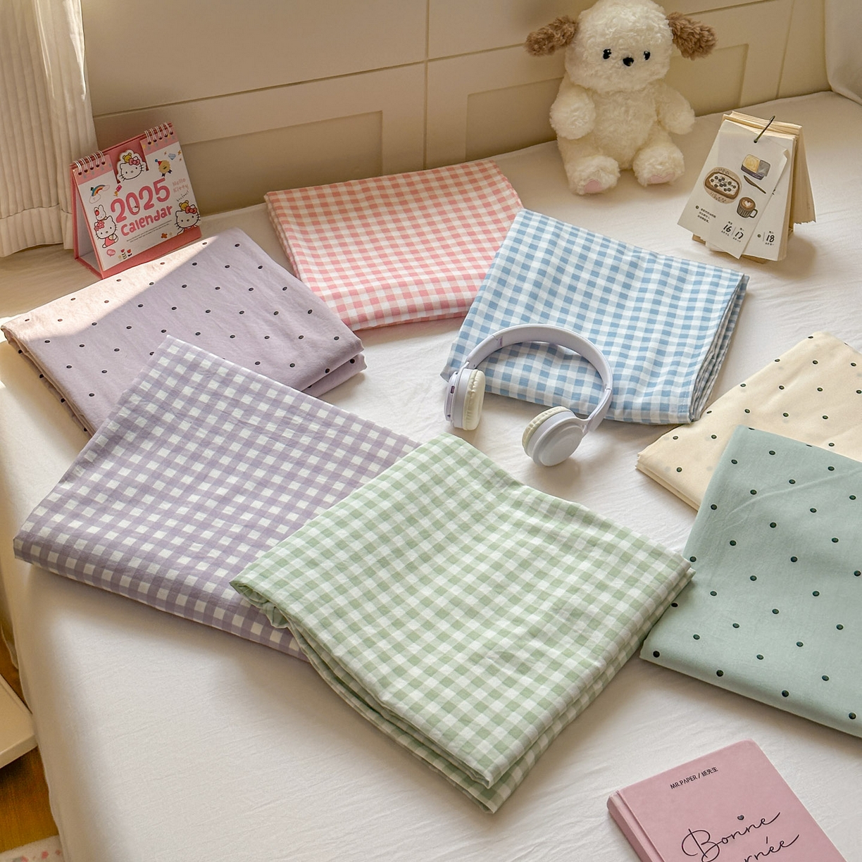 91家纺网 家纺一手货源 找家纺 冕悠家纺 2025新款A类加厚水洗棉格子点点印花超柔单品床单枕套 组合图