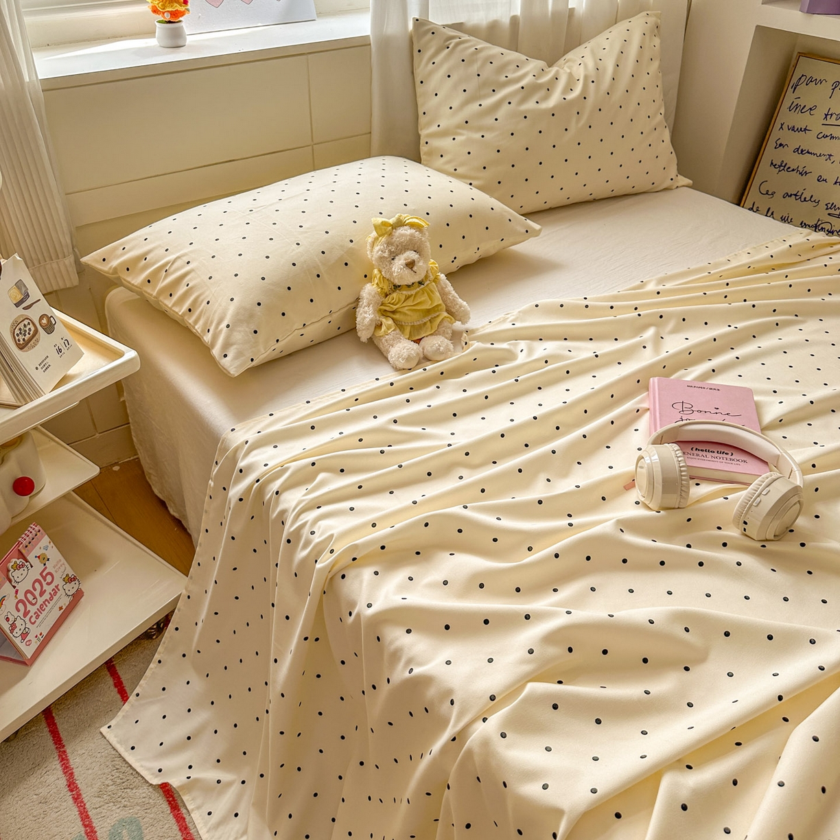 91家纺网 家纺一手货源 找家纺 冕悠家纺 2025新款A类加厚水洗棉格子点点印花超柔单品床单枕套 米点