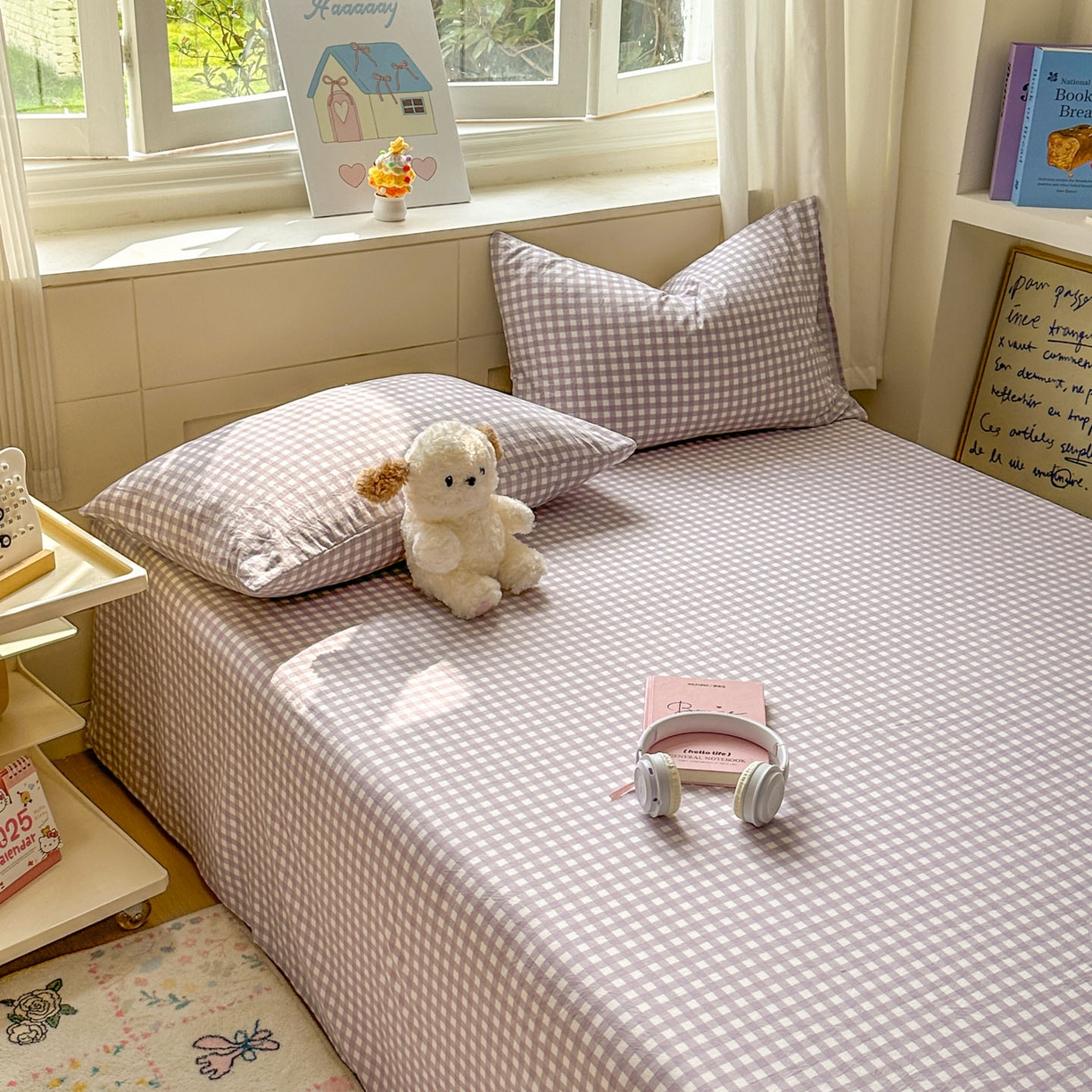 91家纺网 家纺一手货源 找家纺 冕悠家纺 2025新款A类加厚水洗棉格子点点印花超柔单品床单枕套 紫格