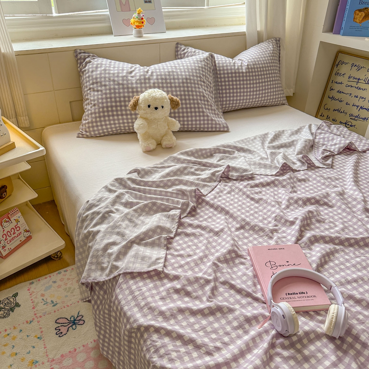 91家纺网 家纺一手货源 找家纺 冕悠家纺 2025新款A类加厚水洗棉格子点点印花超柔单品床单枕套 紫格