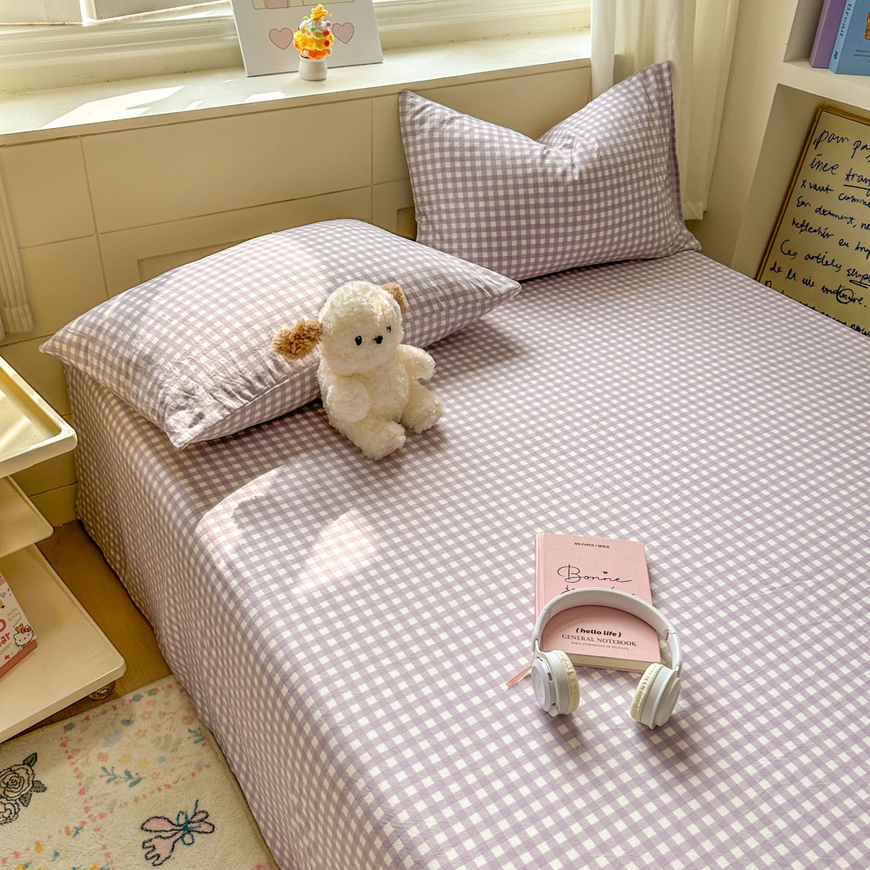 91家纺网 家纺一手货源 找家纺 冕悠家纺 2025新款A类加厚水洗棉格子点点印花超柔单品床单枕套 紫格