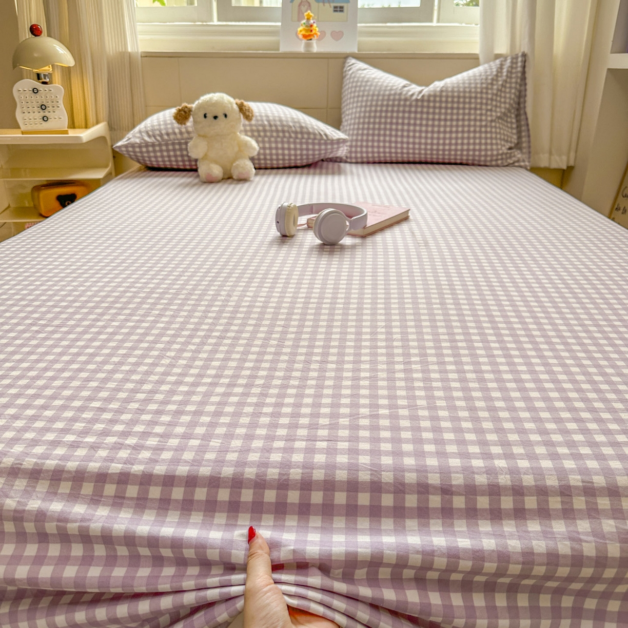 91家纺网 家纺一手货源 找家纺 冕悠家纺 2025新款A类加厚水洗棉格子点点印花超柔单品床单枕套 紫格