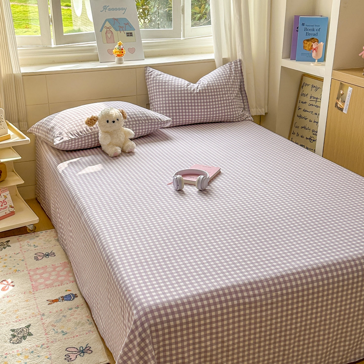 91家纺网 家纺一手货源 找家纺 冕悠家纺 2025新款A类加厚水洗棉格子点点印花超柔单品床单枕套 紫格