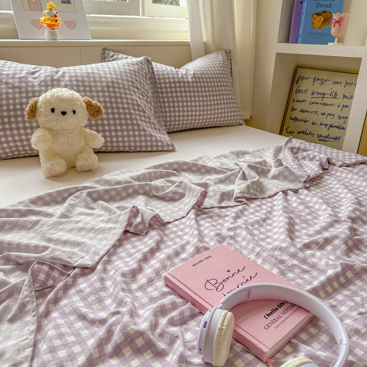 91家纺网 家纺一手货源 找家纺 冕悠家纺 2025新款A类加厚水洗棉格子点点印花超柔单品床单枕套 紫格