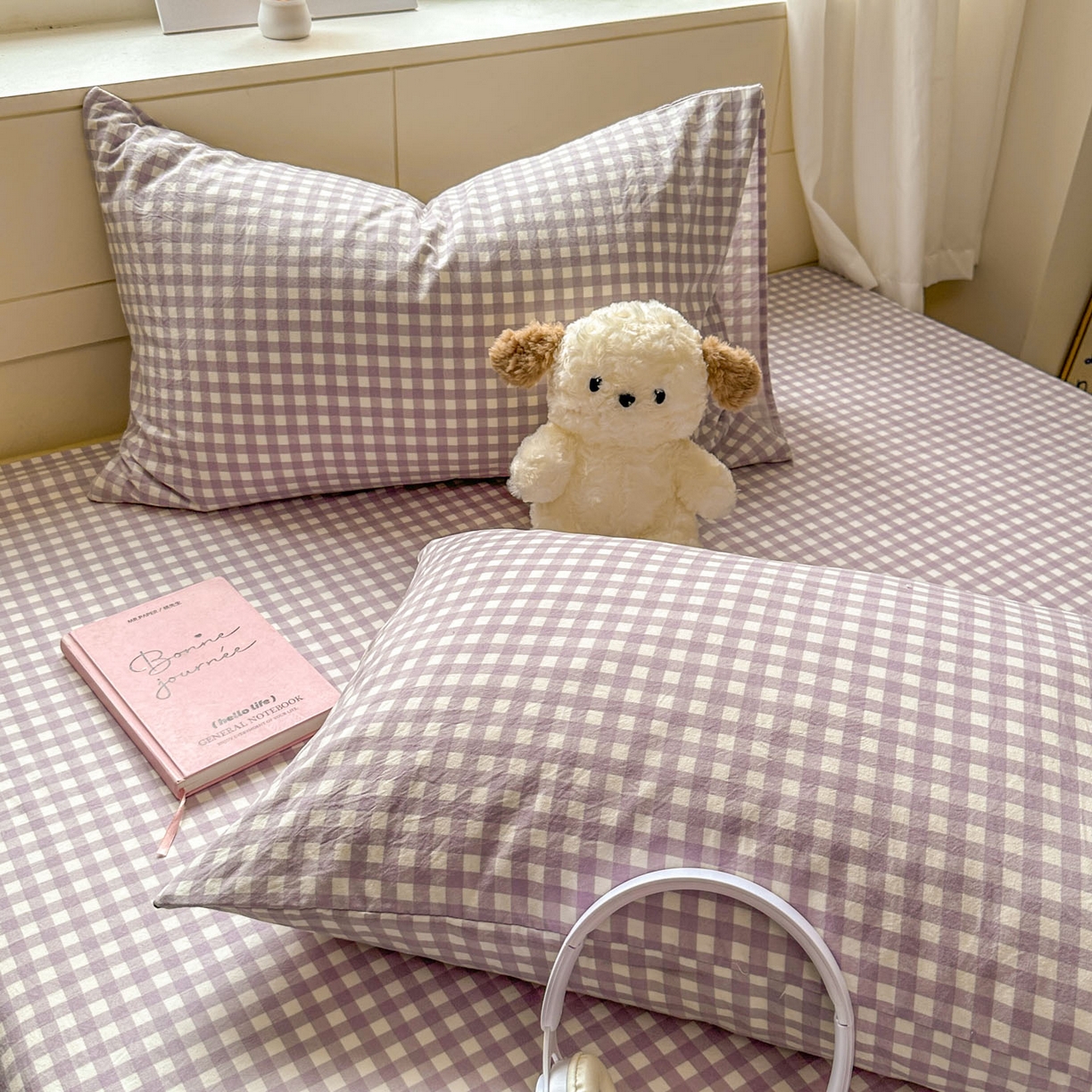 91家纺网 家纺一手货源 找家纺 冕悠家纺 2025新款A类加厚水洗棉格子点点印花超柔单品床单枕套 紫格