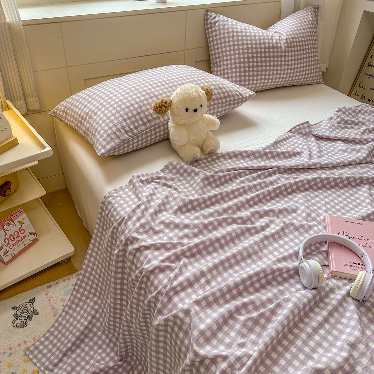 91家纺网 家纺一手货源 找家纺 冕悠家纺 2025新款A类加厚水洗棉格子点点印花超柔单品床单枕套 紫格