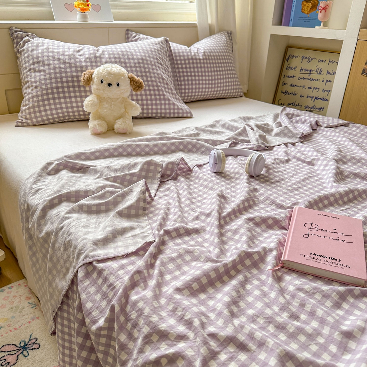 91家纺网 家纺一手货源 找家纺 冕悠家纺 2025新款A类加厚水洗棉格子点点印花超柔单品床单枕套 紫格