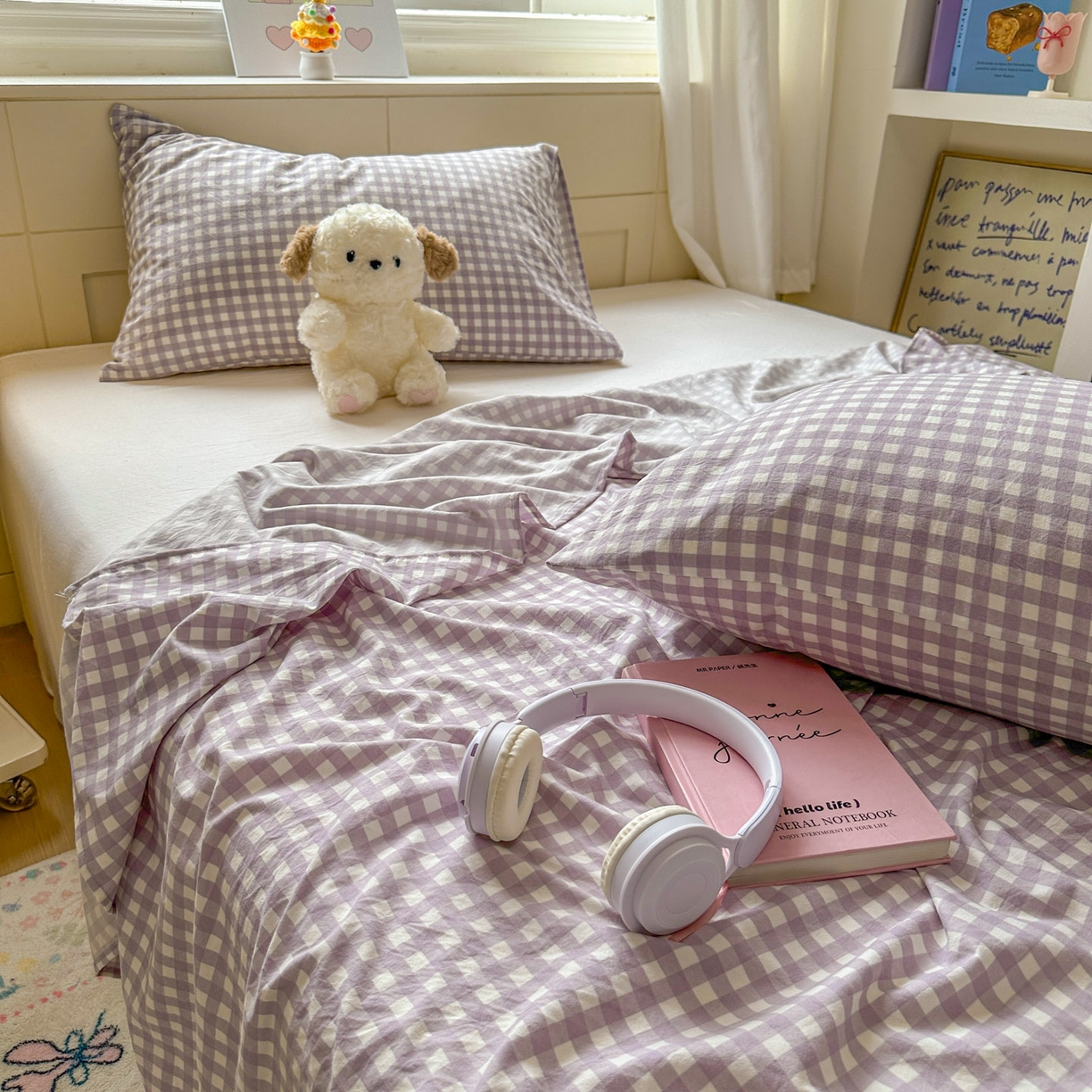 91家纺网 家纺一手货源 找家纺 冕悠家纺 2025新款A类加厚水洗棉格子点点印花超柔单品床单枕套 紫格