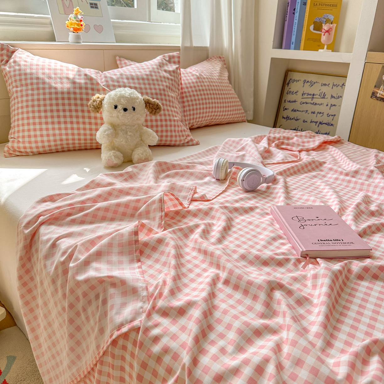 91家纺网 家纺一手货源 找家纺 冕悠家纺 2025新款A类加厚水洗棉格子点点印花超柔单品床单枕套 粉格