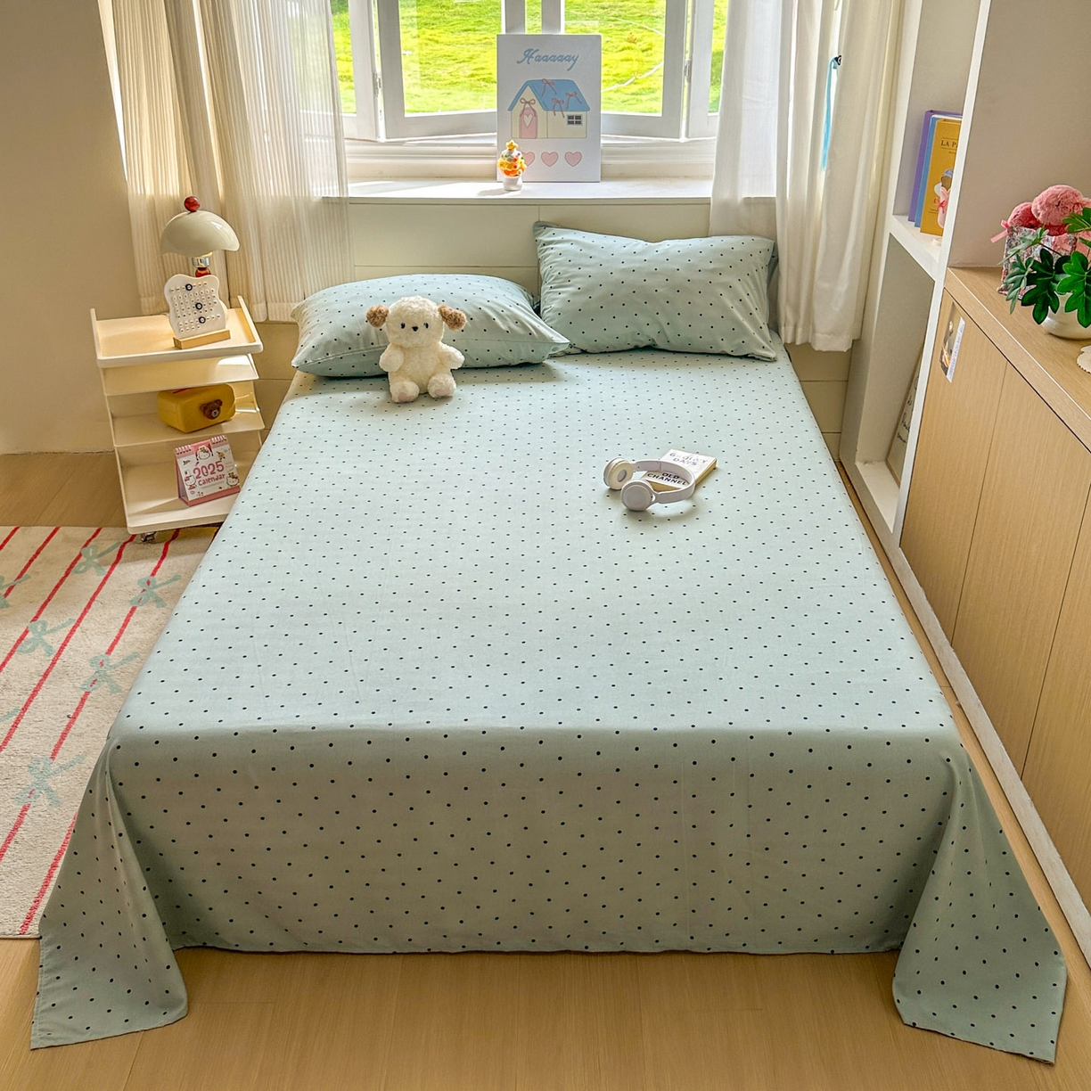 91家纺网 家纺一手货源 找家纺 冕悠家纺 2025新款A类加厚水洗棉格子点点印花超柔单品床单枕套 蓝点