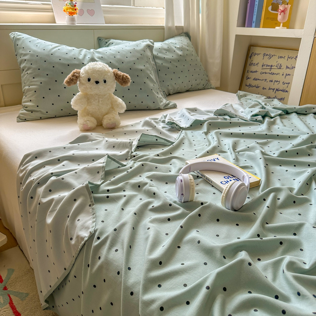 91家纺网 家纺一手货源 找家纺 冕悠家纺 2025新款A类加厚水洗棉格子点点印花超柔单品床单枕套 蓝点