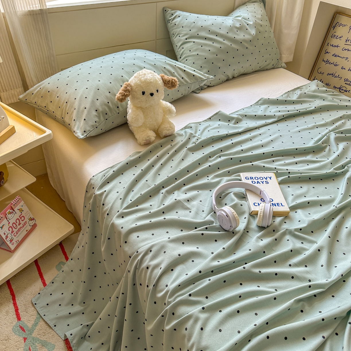 91家纺网 家纺一手货源 找家纺 冕悠家纺 2025新款A类加厚水洗棉格子点点印花超柔单品床单枕套 蓝点