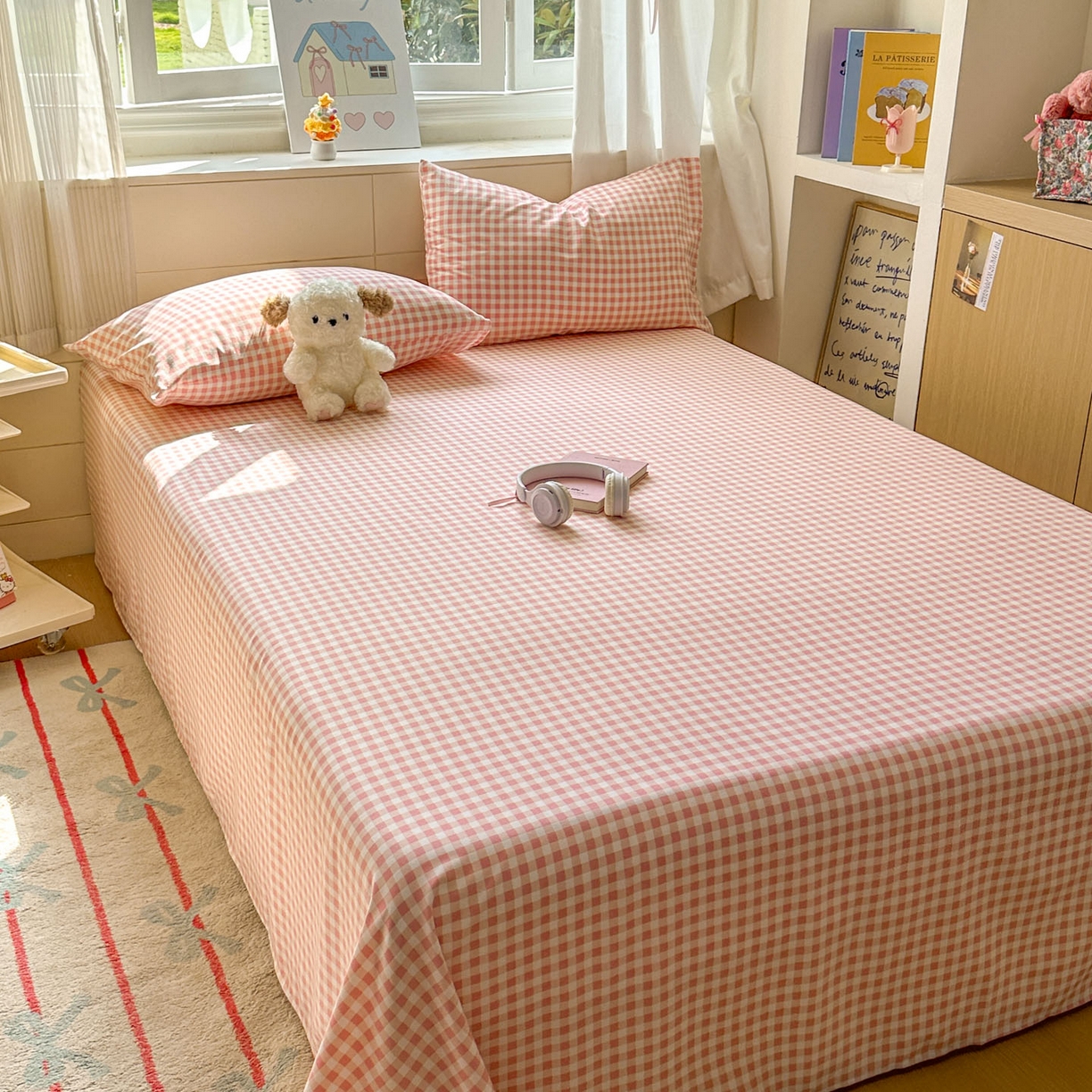 91家纺网 家纺一手货源 找家纺 冕悠家纺 2025新款A类加厚水洗棉格子点点印花超柔单品床单枕套 粉格