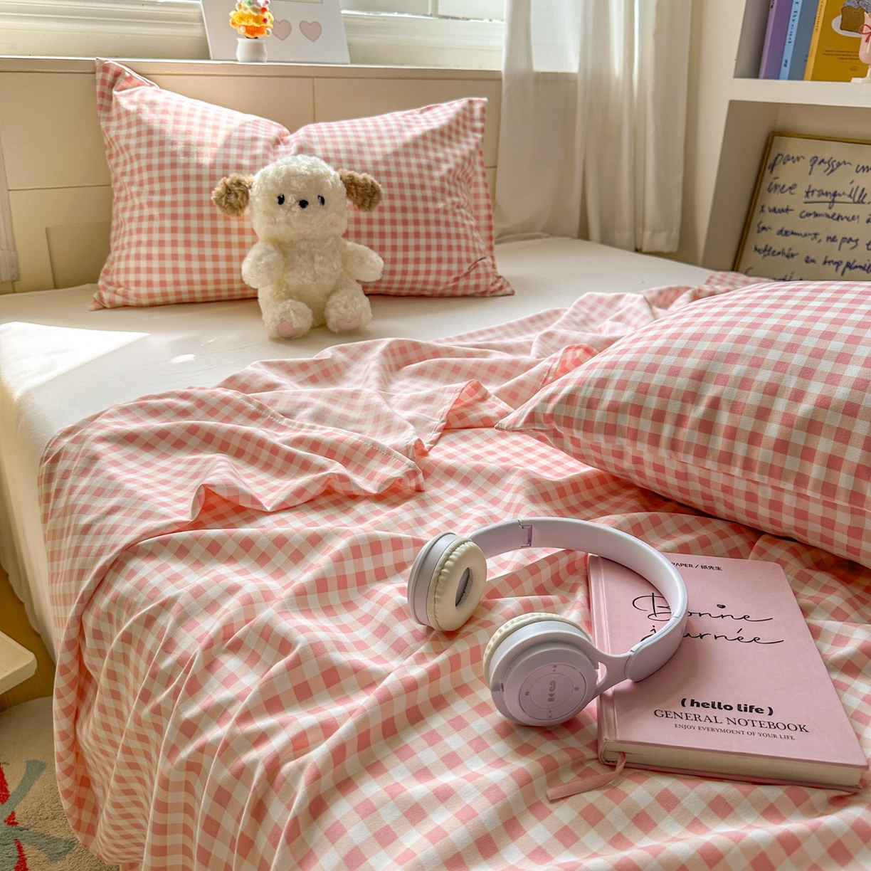 91家纺网 家纺一手货源 找家纺 冕悠家纺 2025新款A类加厚水洗棉格子点点印花超柔单品床单枕套 粉格