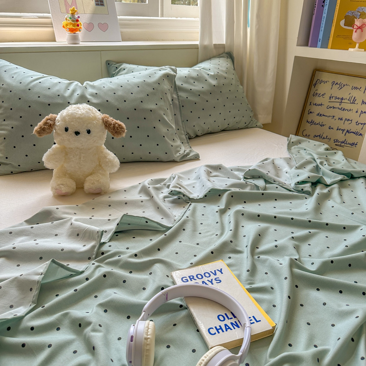 91家纺网 家纺一手货源 找家纺 冕悠家纺 2025新款A类加厚水洗棉格子点点印花超柔单品床单枕套 蓝点