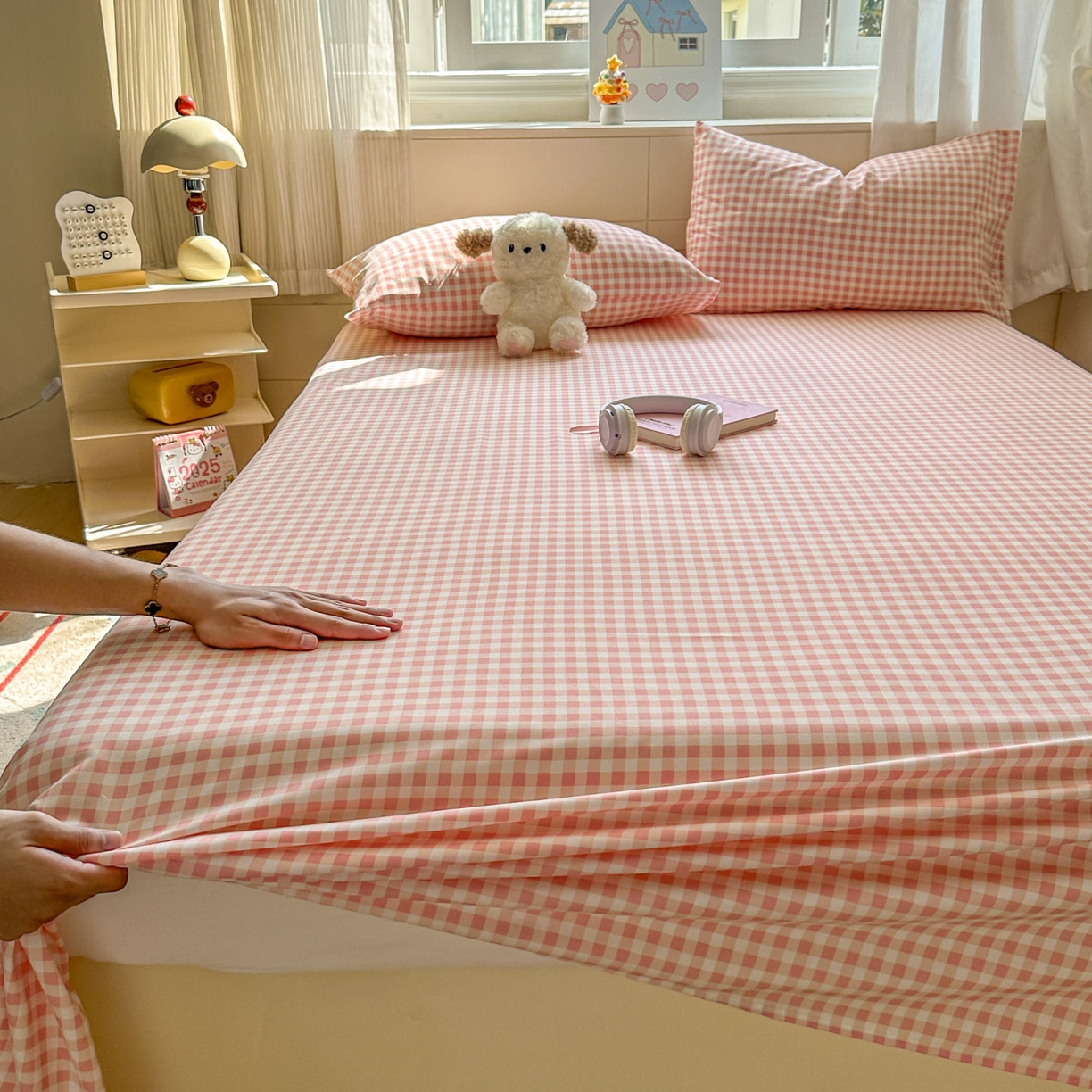 冕悠家纺 2025新款A类加厚水洗棉格子点点印花超柔单品床单枕套 粉格