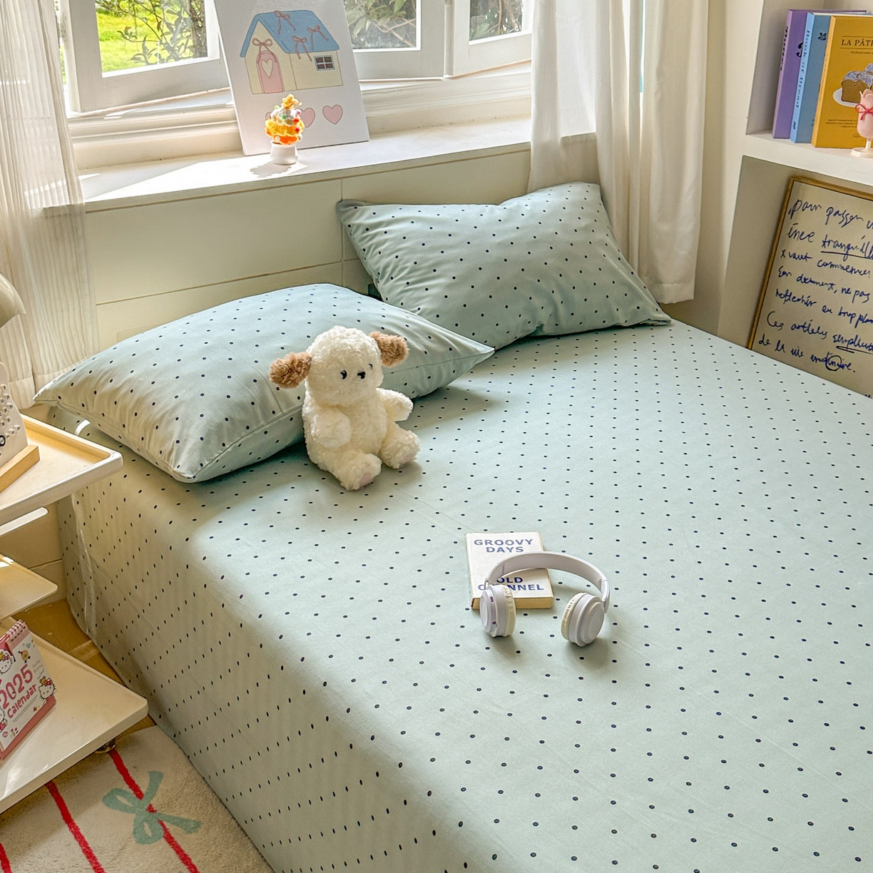 91家纺网 家纺一手货源 找家纺 冕悠家纺 2025新款A类加厚水洗棉格子点点印花超柔单品床单枕套 蓝点