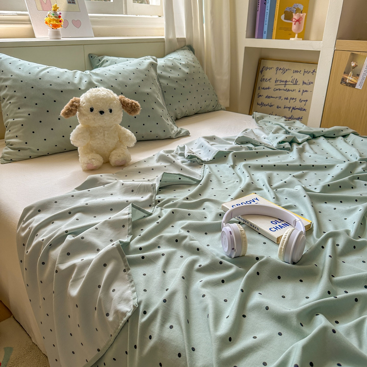 91家纺网 家纺一手货源 找家纺 冕悠家纺 2025新款A类加厚水洗棉格子点点印花超柔单品床单枕套 蓝点