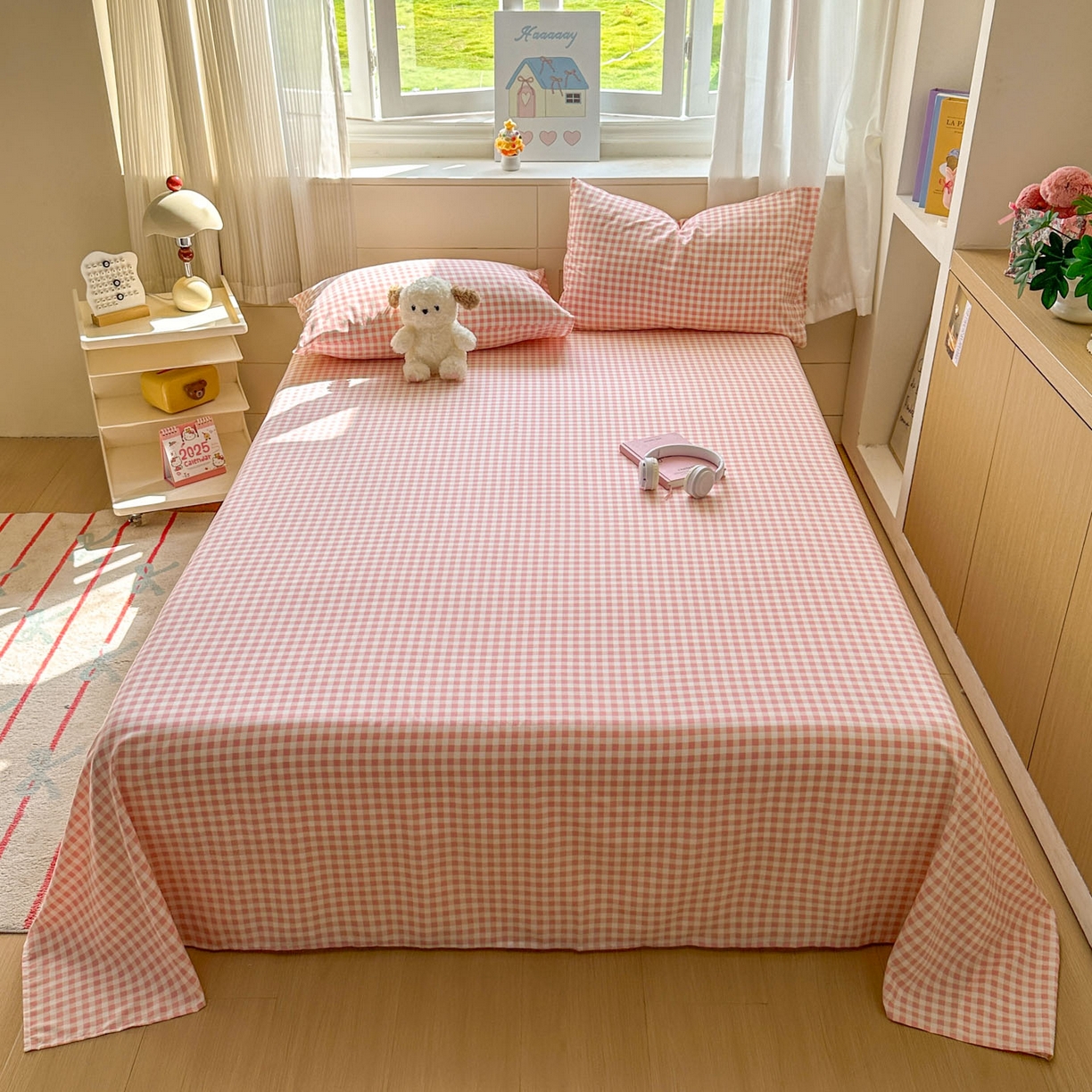 91家纺网 家纺一手货源 找家纺 冕悠家纺 2025新款A类加厚水洗棉格子点点印花超柔单品床单枕套 粉格