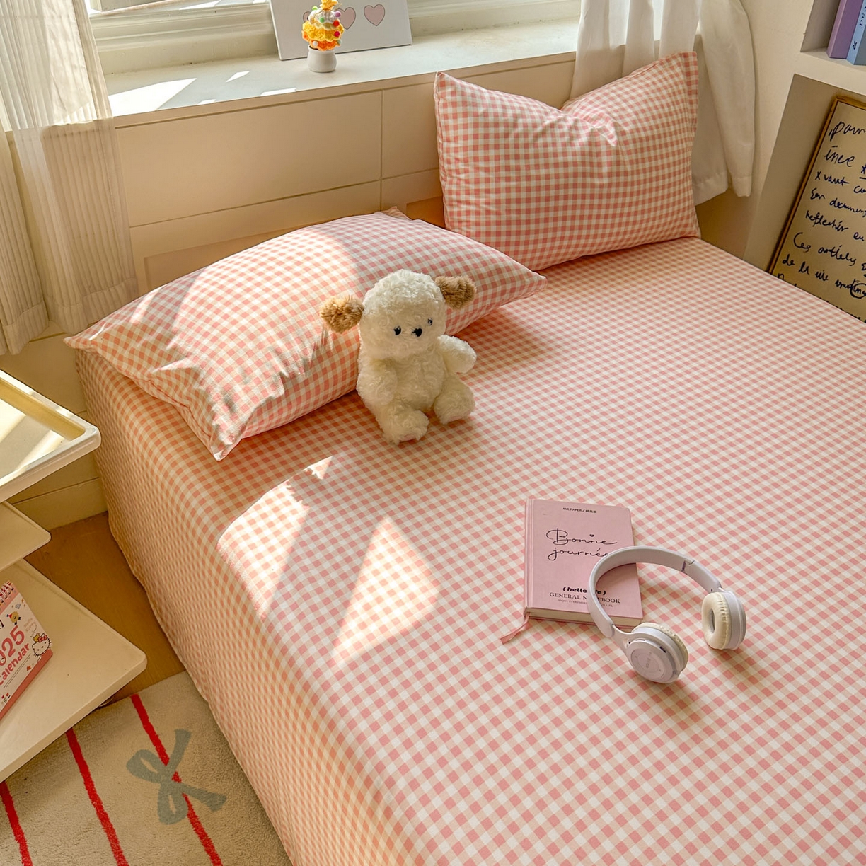 91家纺网 家纺一手货源 找家纺 冕悠家纺 2025新款A类加厚水洗棉格子点点印花超柔单品床单枕套 粉格