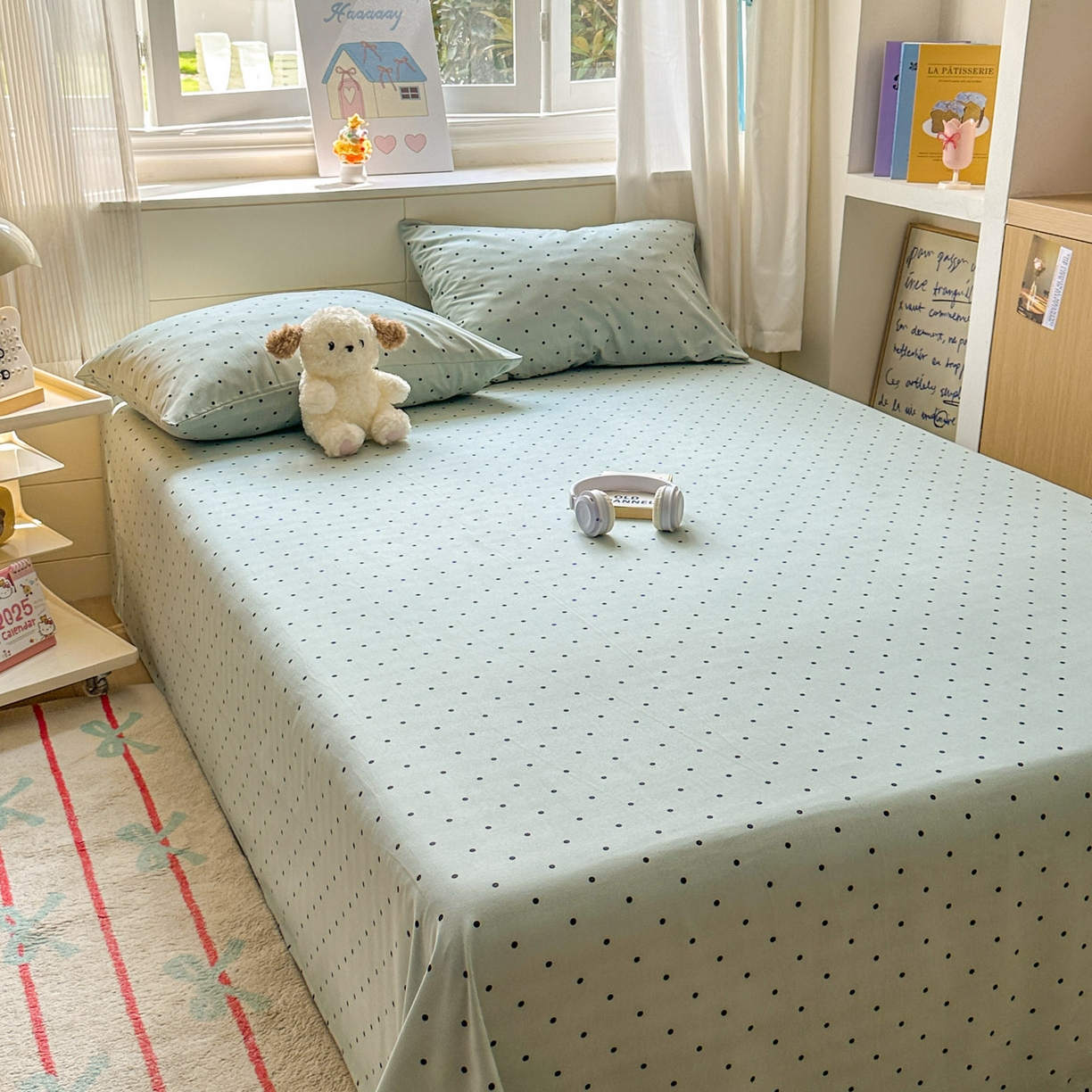 91家纺网 家纺一手货源 找家纺 冕悠家纺 2025新款A类加厚水洗棉格子点点印花超柔单品床单枕套 蓝点