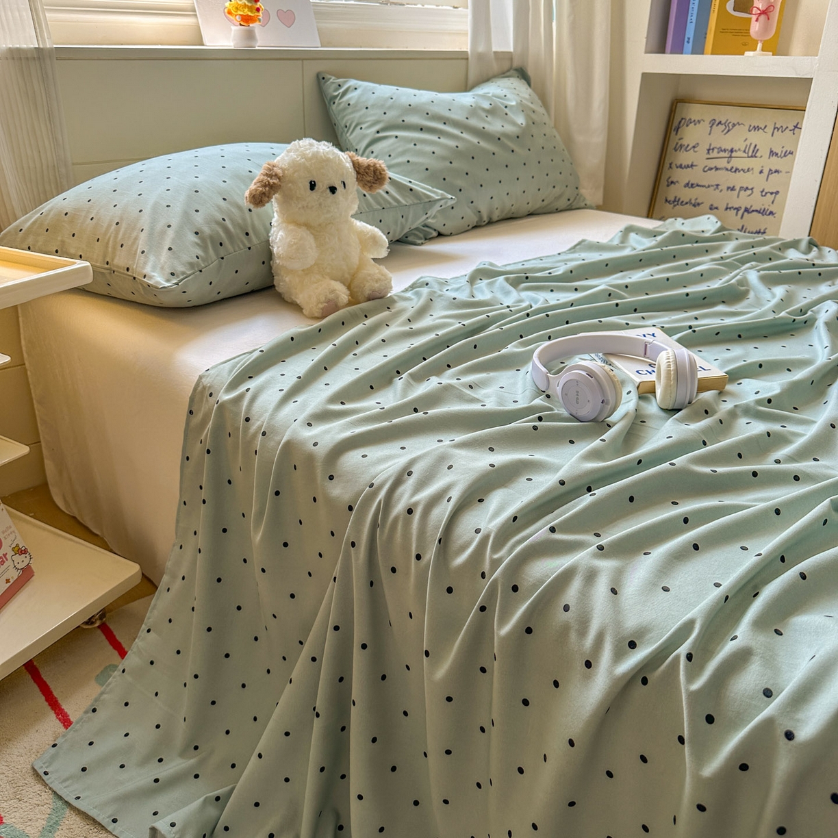 91家纺网 家纺一手货源 找家纺 冕悠家纺 2025新款A类加厚水洗棉格子点点印花超柔单品床单枕套 蓝点