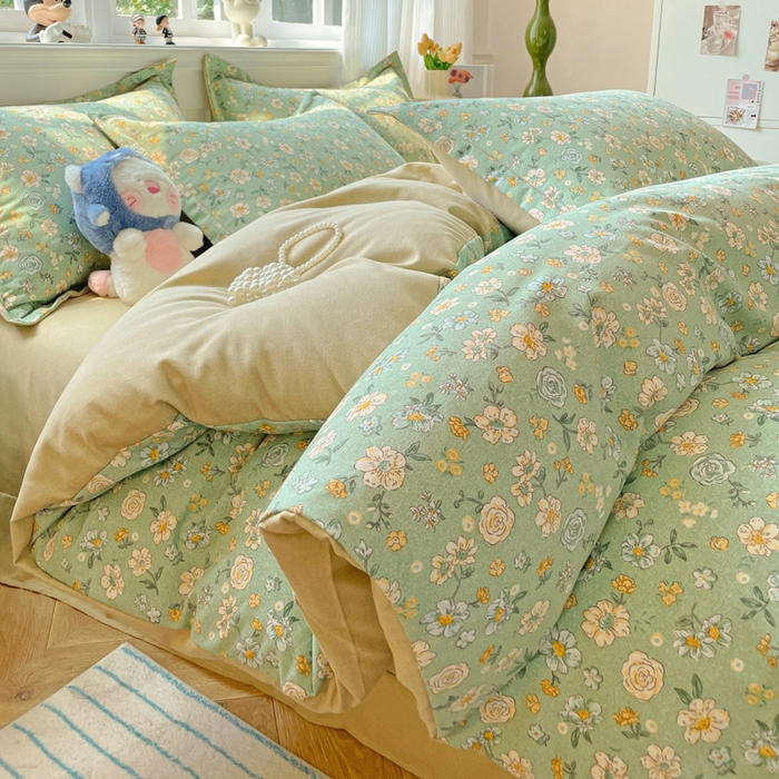 91家纺网 家纺一手货源 找家纺 曲之慕 2026新款全棉纯棉加厚喷气磨毛印花四件套 花恬