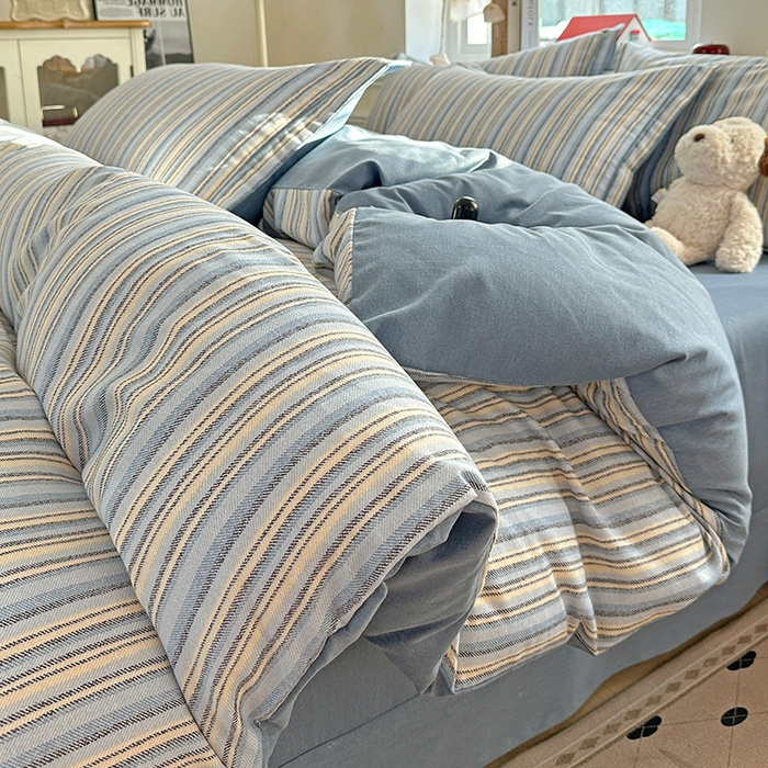 曲之慕 2026新款全棉纯棉加厚喷气磨毛印花四件套 蓝漾