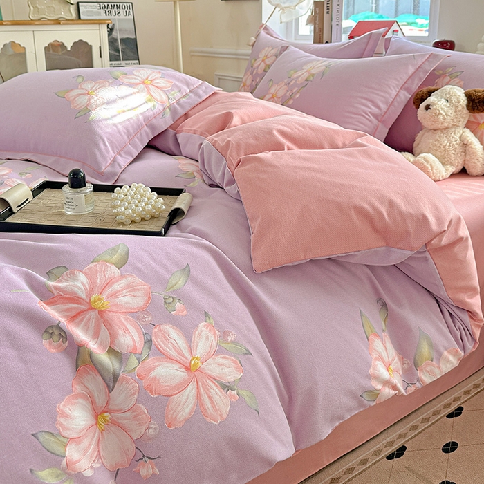 91家纺网 家纺一手货源 找家纺 曲之慕 2026新款全棉纯棉加厚喷气磨毛印花四件套 紫韵