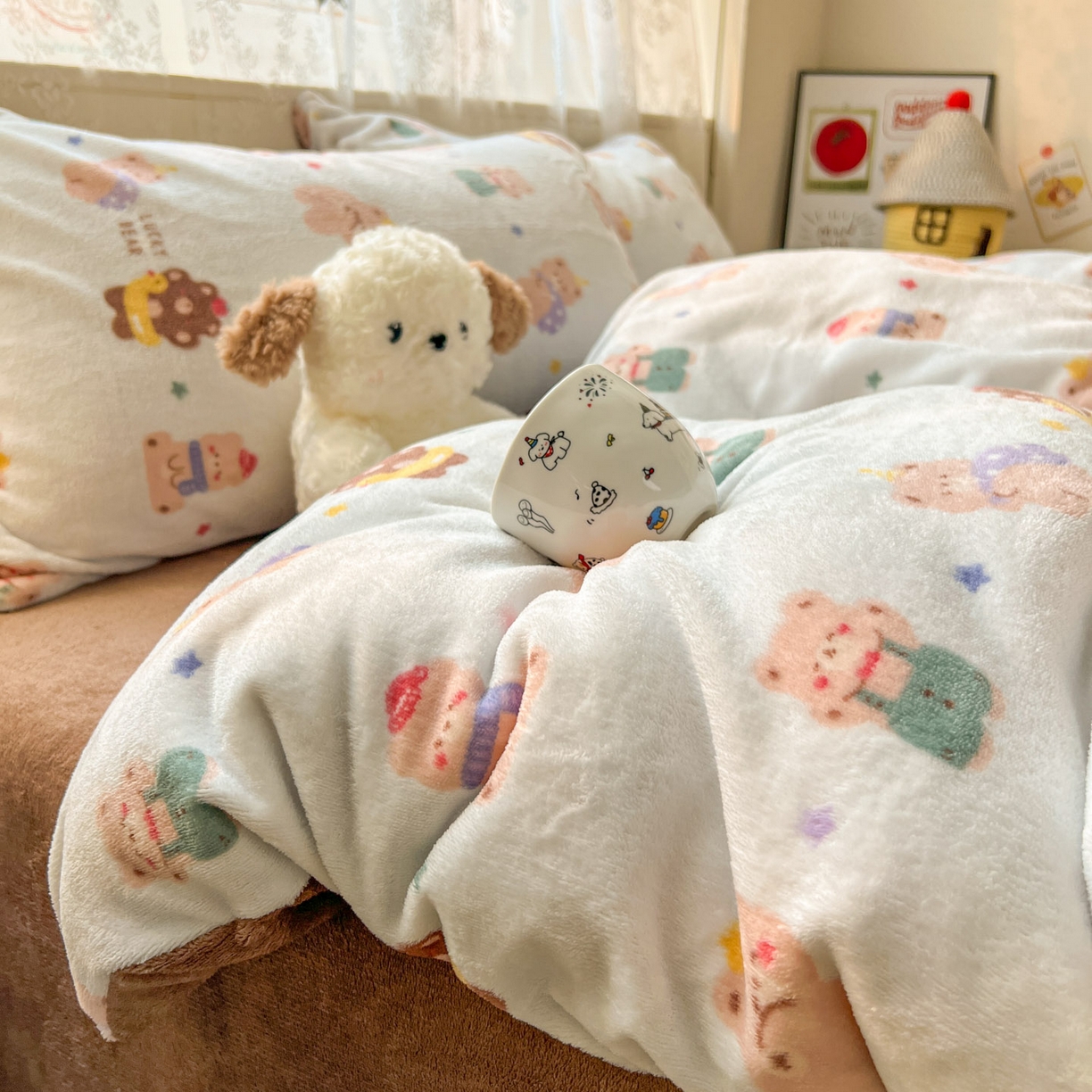 91家纺网 家纺一手货源 找家纺 冕悠家纺 2025新款A类200克加厚印花牛奶绒保暖四件套提供买家秀 小熊历险记