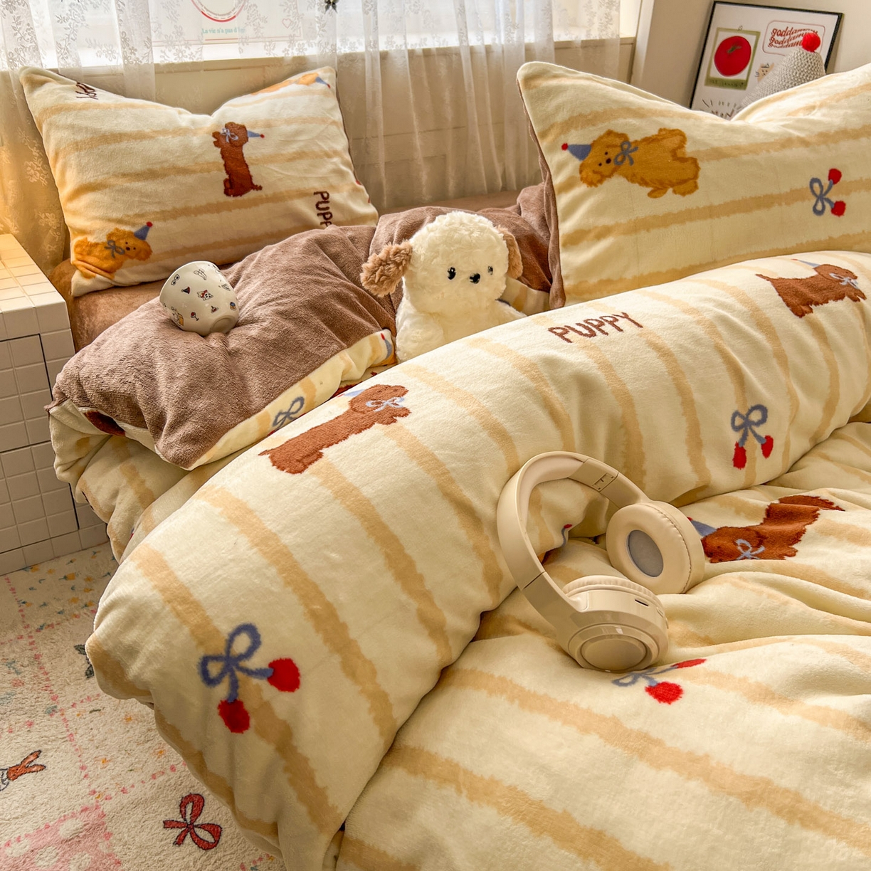 91家纺网 家纺一手货源 找家纺 冕悠家纺 2025新款A类200克加厚印花牛奶绒保暖四件套提供买家秀 腊肠狗