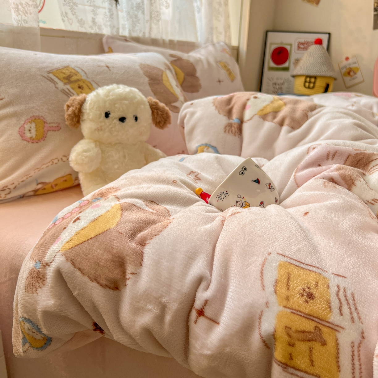 91家纺网 家纺一手货源 找家纺 冕悠家纺 2025新款A类200克加厚印花牛奶绒保暖四件套提供买家秀 蝴蝶结小狗