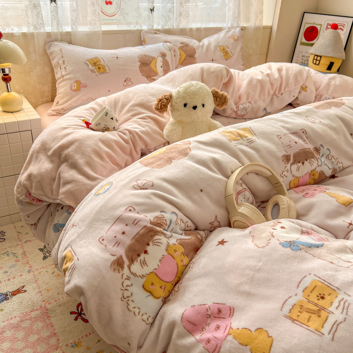 91家纺网 家纺一手货源 找家纺 冕悠家纺 2025新款A类200克加厚印花牛奶绒保暖四件套提供买家秀 蝴蝶结小狗