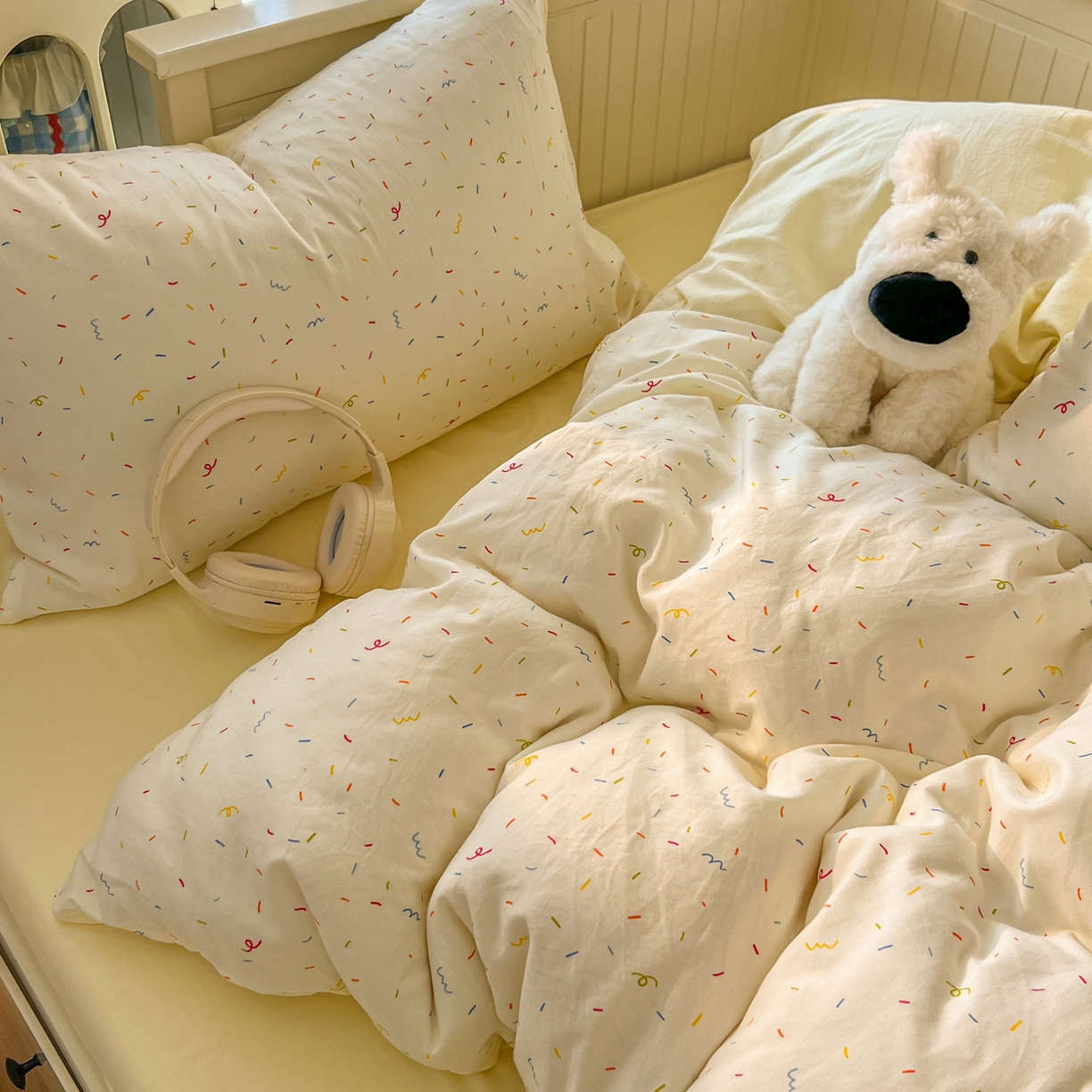 91家纺网 家纺一手货源 找家纺 冕悠家纺 2026新款超柔软105克卡通水洗棉四件套 提供买家秀 冰淇凌奶黄